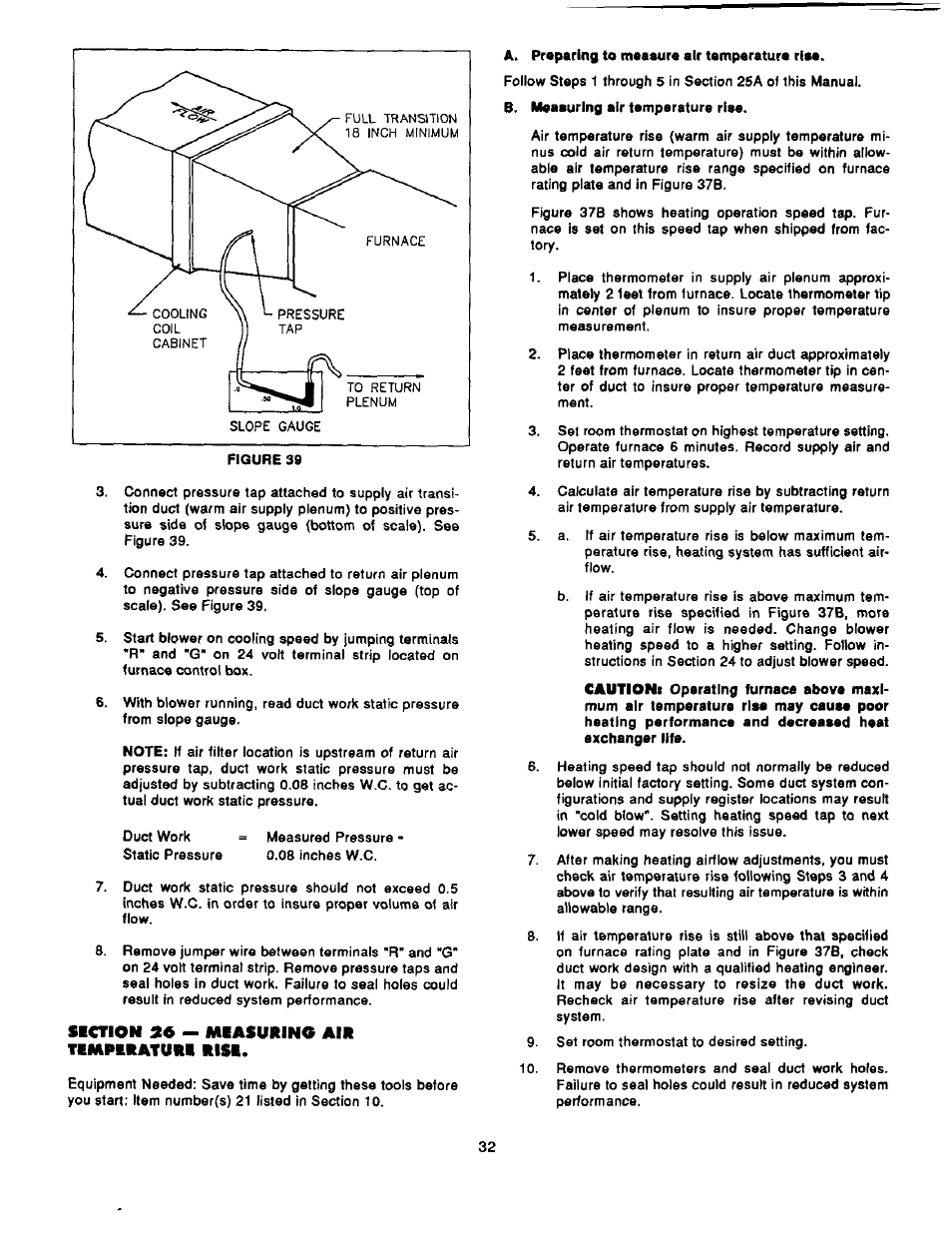 Section 26 — measuring air temperature rise, A, preparing to measure air temperature rise, Measuring air temperature rise | Bard Bayrd Furnace 403293A User Manual | Page 34 / 70