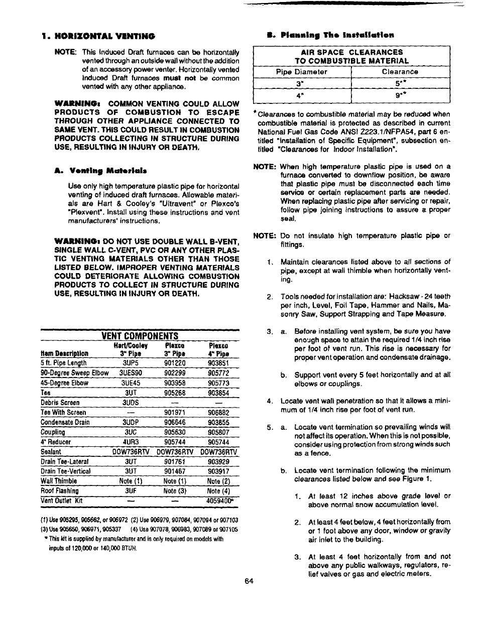 Horizontal ventino, A. vantlng motarlals | Bard Bayrd Furnace 403293A User Manual | Page 66 / 70