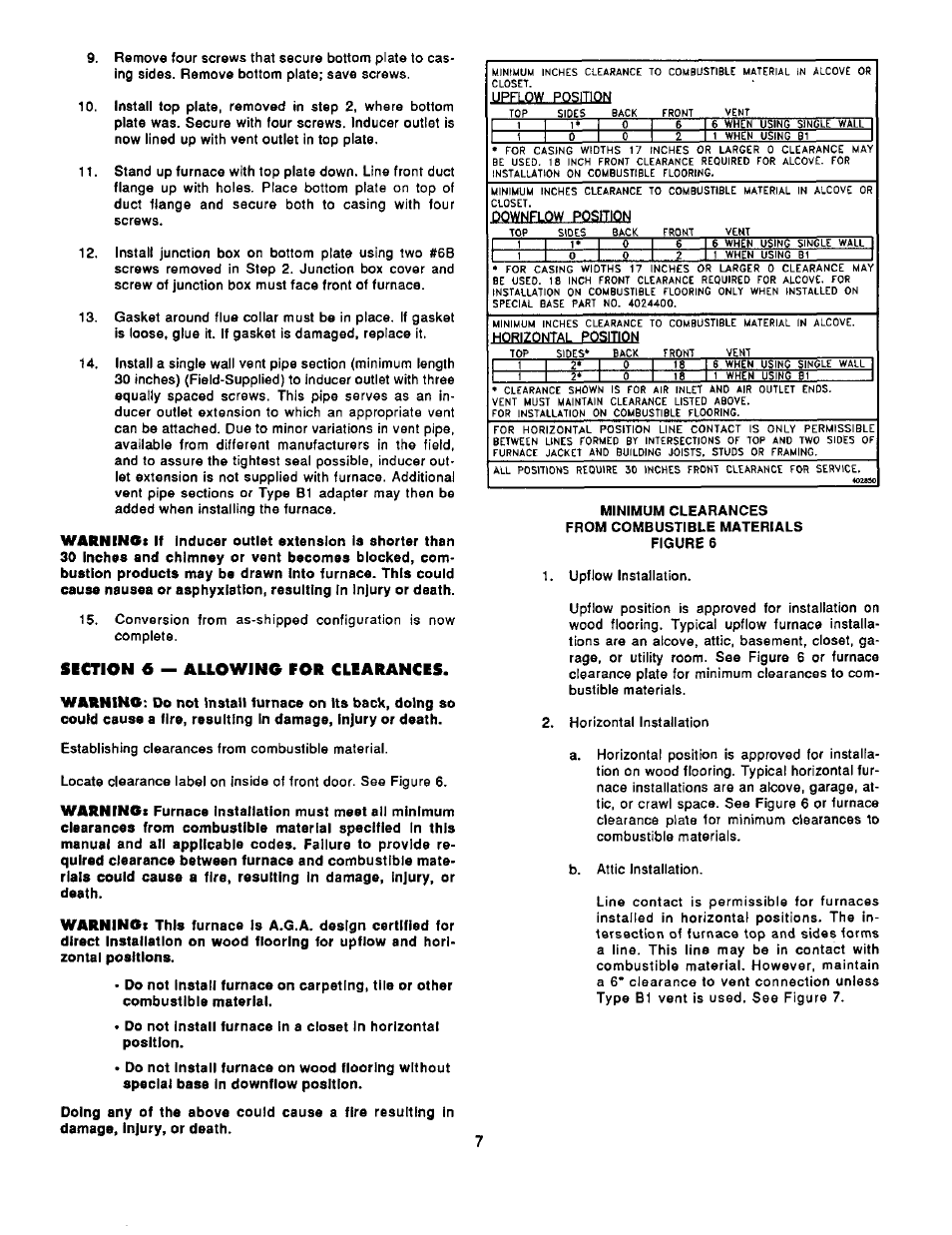 Section 6 — allowing for clearances | Bard Bayrd Furnace 403293A User Manual | Page 9 / 70