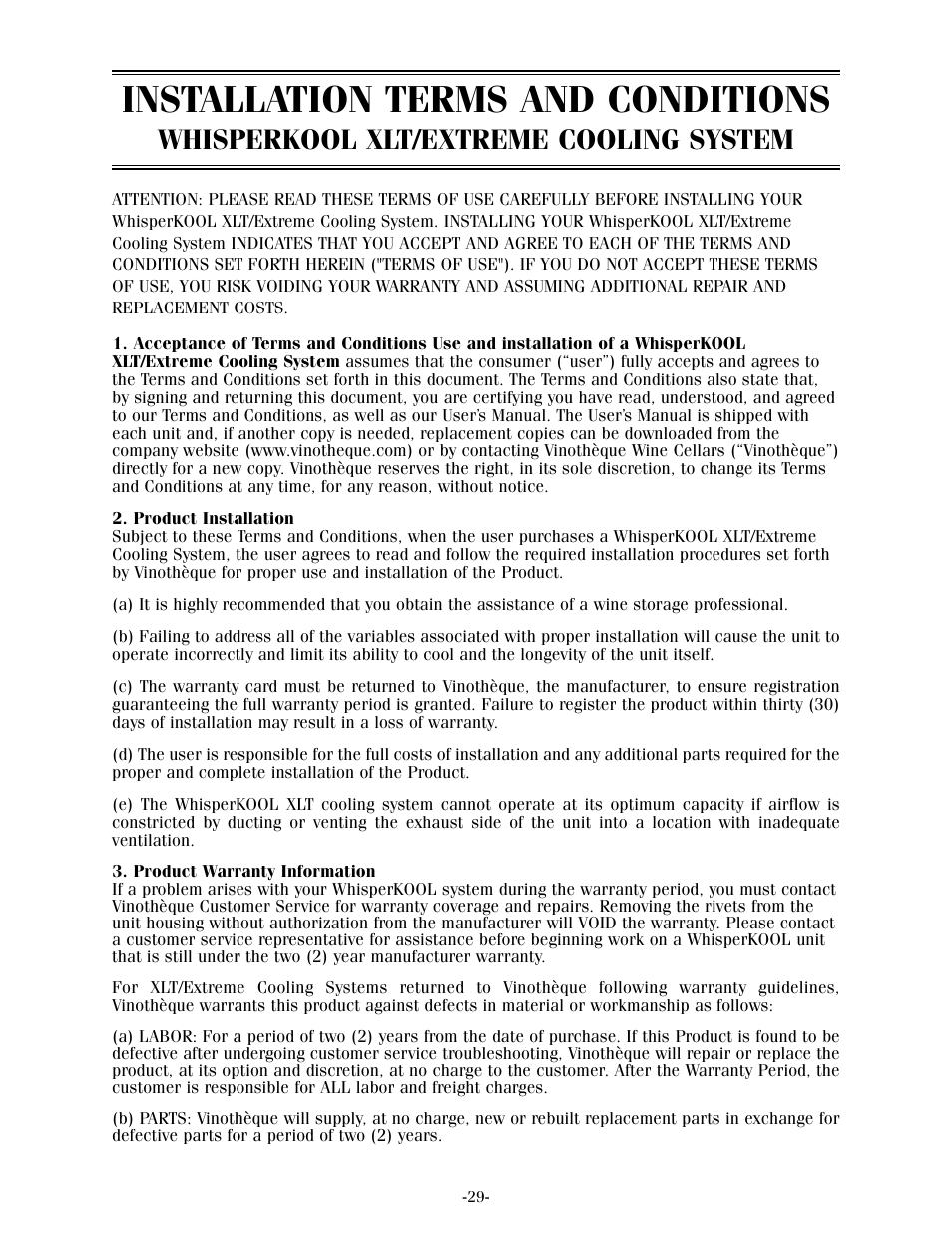 Installation terms and conditions, Whisperkool xlt/extreme cooling system | Vintage Cellars XLT Series User Manual | Page 31 / 36