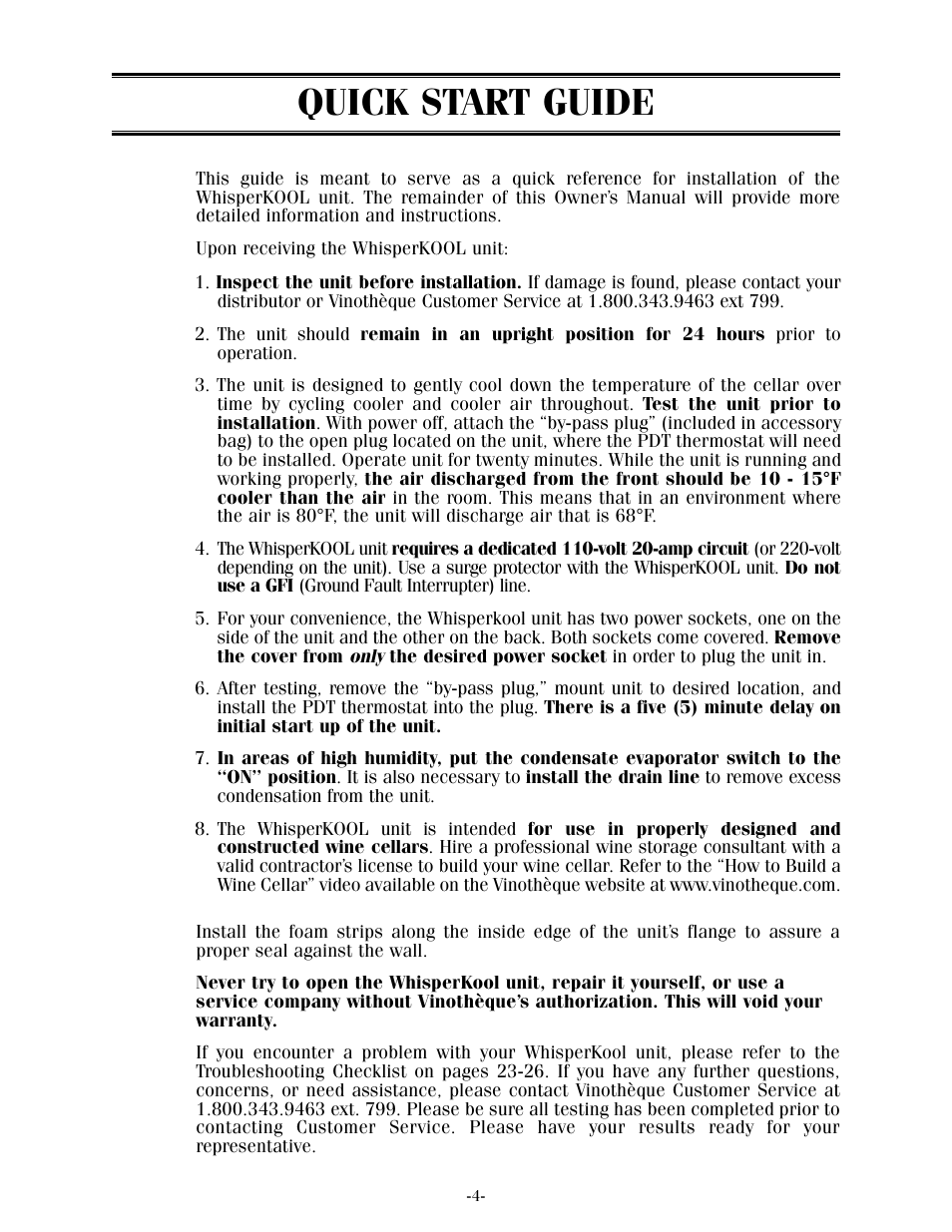 Quick start guide | Vintage Cellars XLT Series User Manual | Page 6 / 36