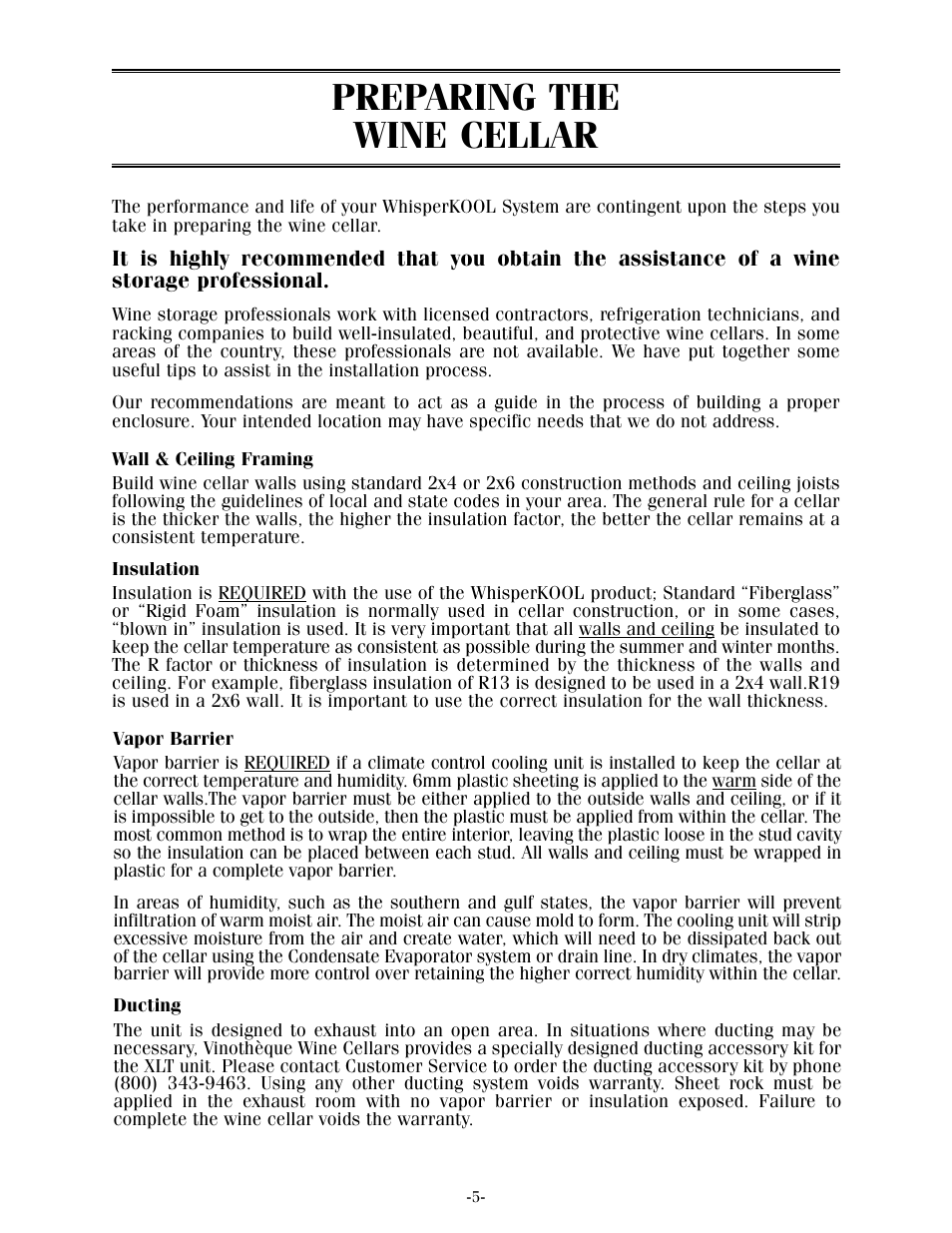Preparing the wine cellar | Vintage Cellars XLT Series User Manual | Page 7 / 36