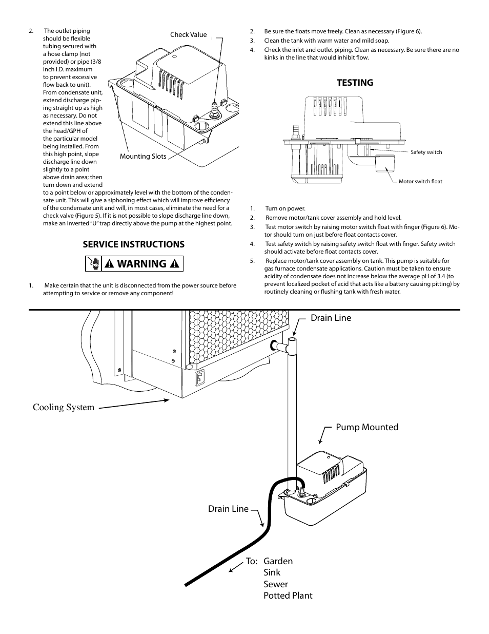 Warning, Drain line, Service instructions | Testing | Vintage Cellars Condensate Pump User Manual | Page 2 / 2