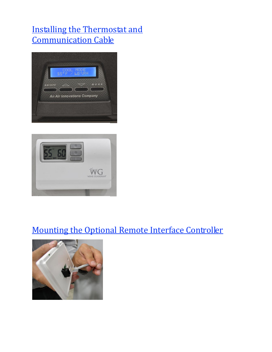 Installing the thermostat and communication cable, Mounting the optional remote interface controller | Vintage Cellars Through-the-Wall Wine Cellar Cooling System Manual User Manual | Page 27 / 47