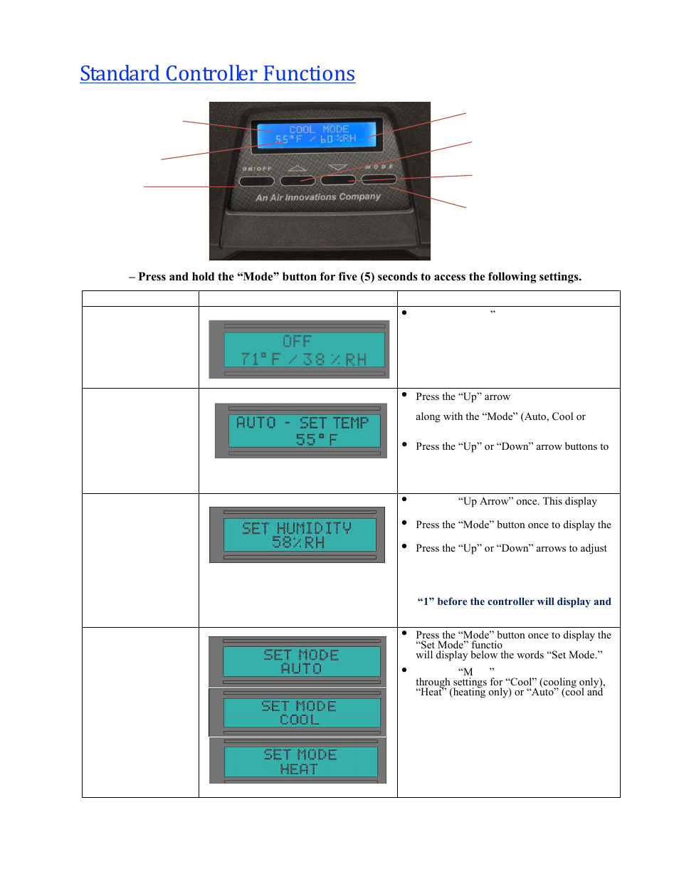 Standard controller functions | Vintage Cellars Through-the-Wall Wine Cellar Cooling System Manual User Manual | Page 32 / 47