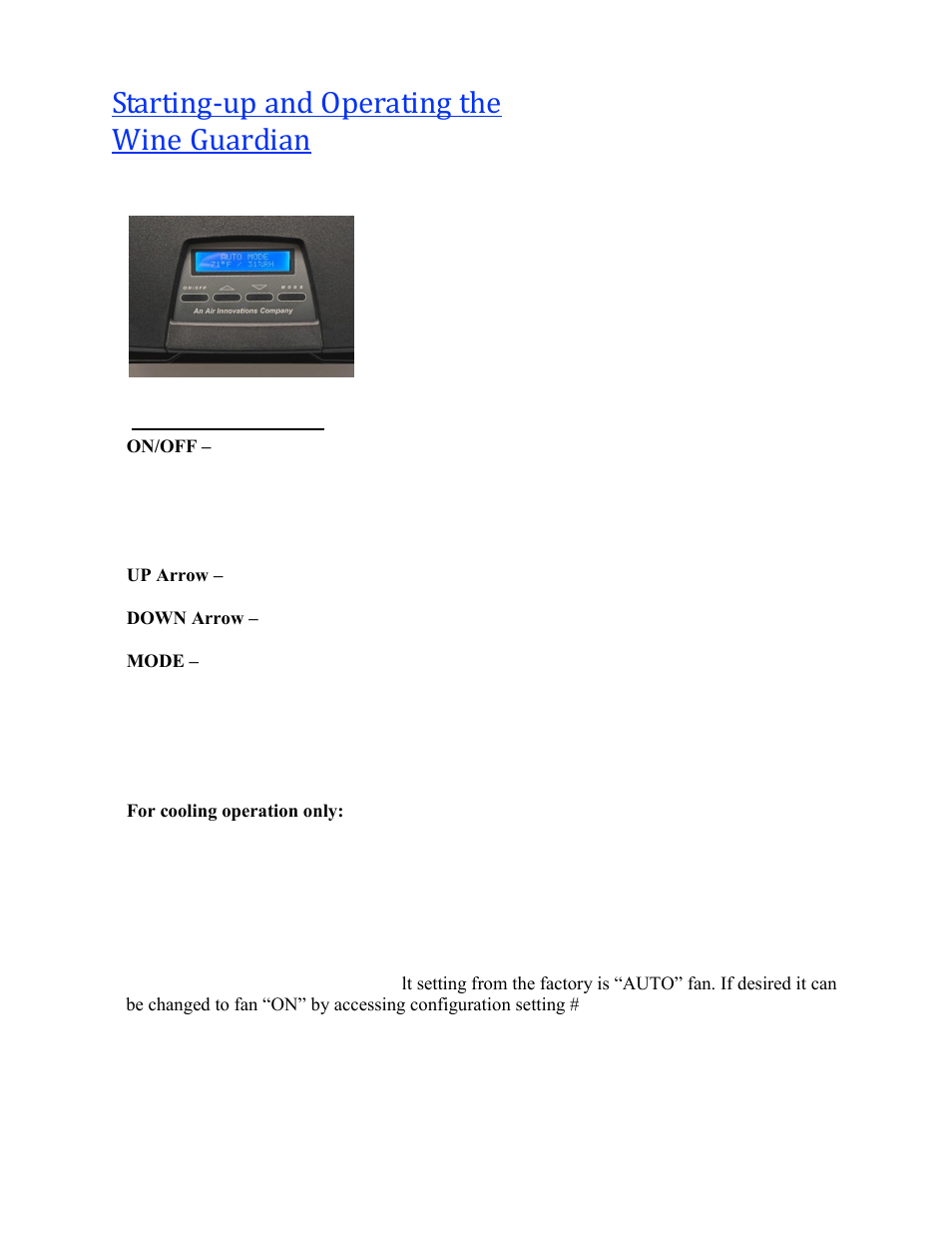 Starting-up and operating the wine guardian, Control settings, Controller functions | Vintage Cellars Through-the-Wall Wine Cellar Cooling System Manual User Manual | Page 37 / 47