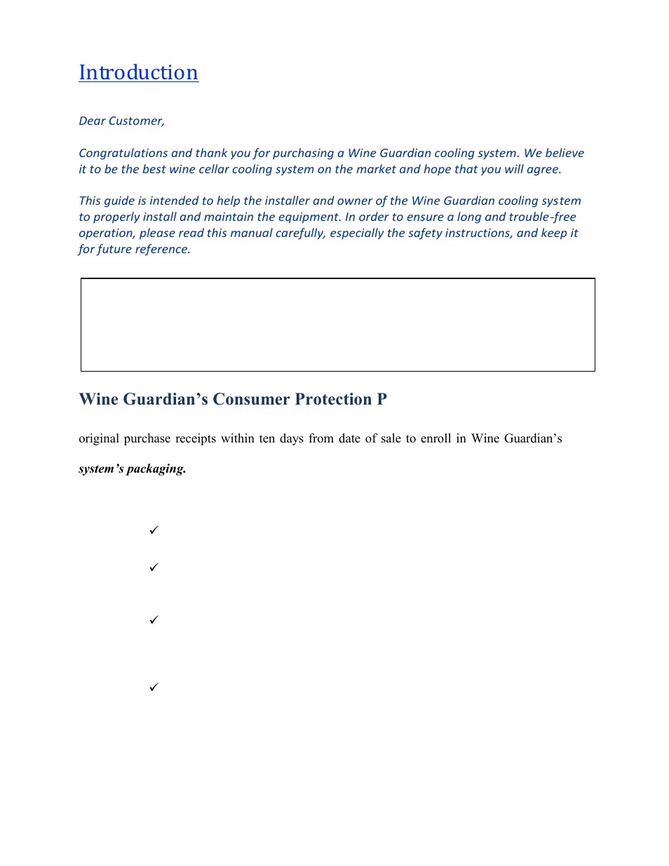 Introduction, Wine guardian’s consumer protection program | Vintage Cellars Through-the-Wall Wine Cellar Cooling System Manual User Manual | Page 4 / 47