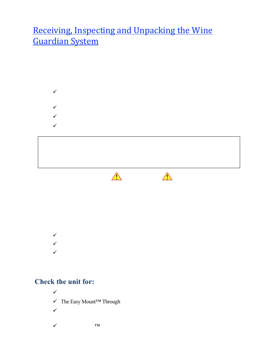 Review the packing slip to verify, Check the unit for | Vintage Cellars Through-the-Wall Wine Cellar Cooling System Manual User Manual | Page 6 / 47