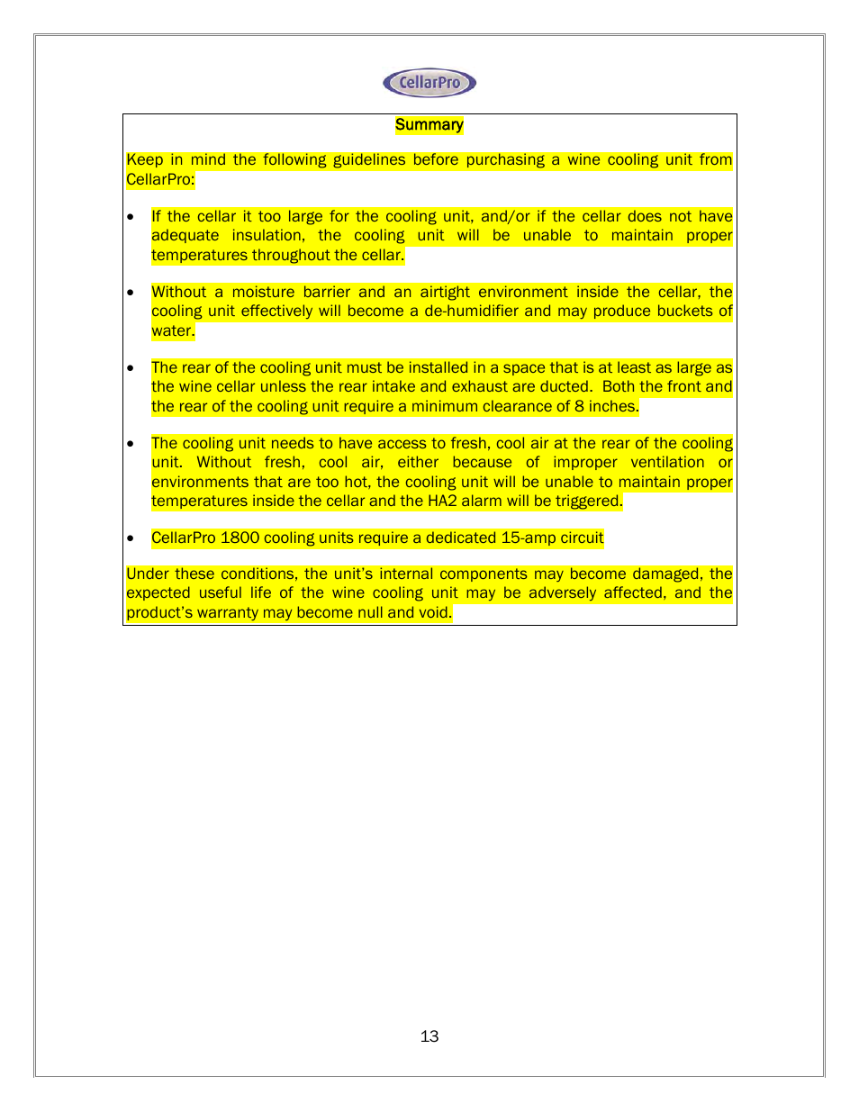 Vintage Cellars 1800 Series CellarPro User Manual | Page 13 / 28