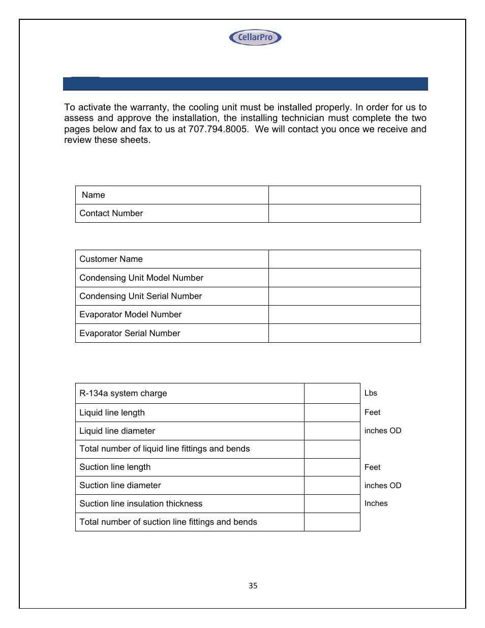 V i i . support and data service sheet | Vintage Cellars Split System CellarPro User Manual | Page 35 / 36