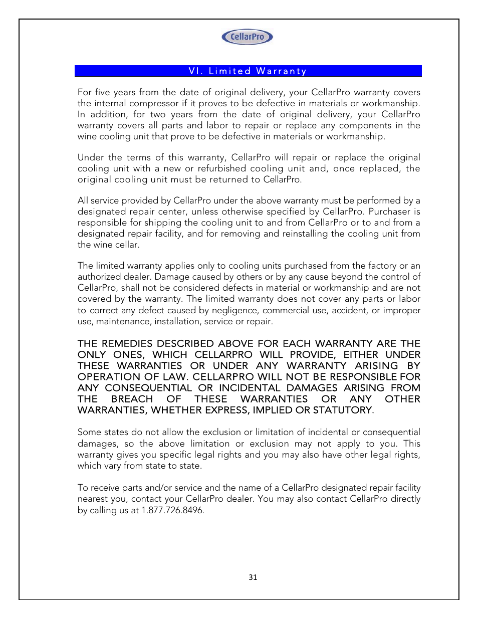 Vintage Cellars 4200VSI CellarPro User Manual | Page 31 / 31