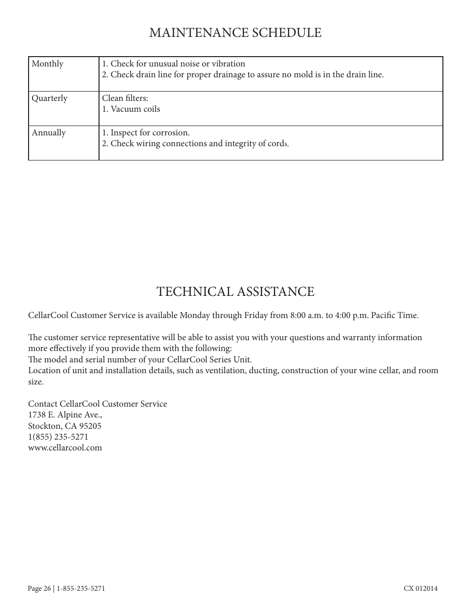 Technical assistance maintenance schedule | Vintage Cellars CC-CX8800 User Manual | Page 28 / 33