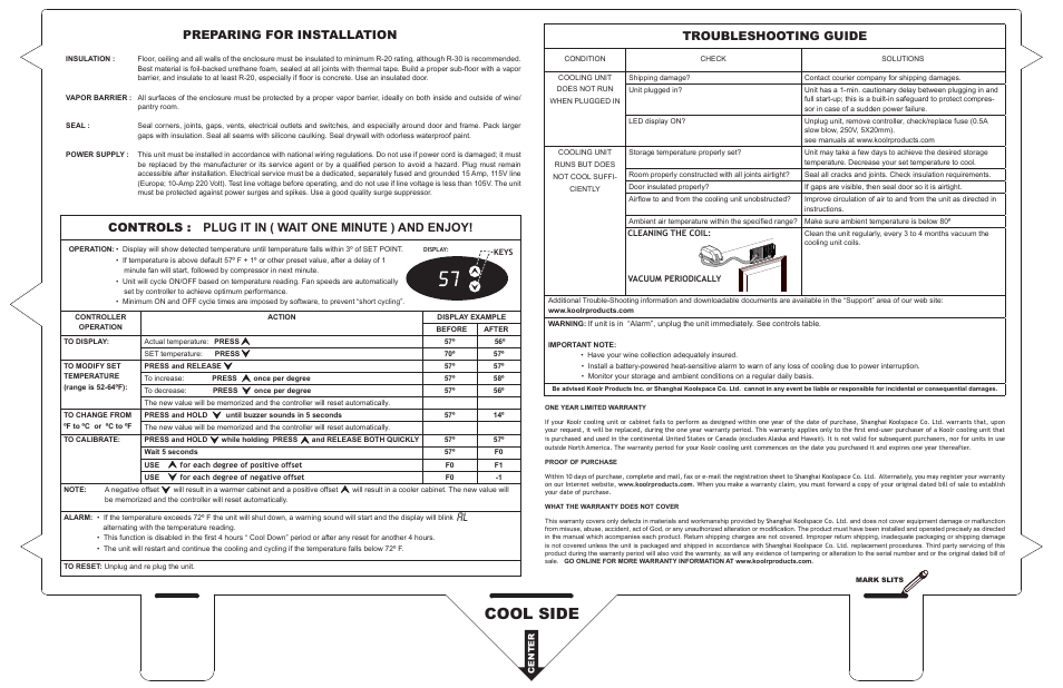 Cool side, Troubleshooting guide, Preparing for installation | Vintage Cellars KoolR1800 User Manual | Page 2 / 2