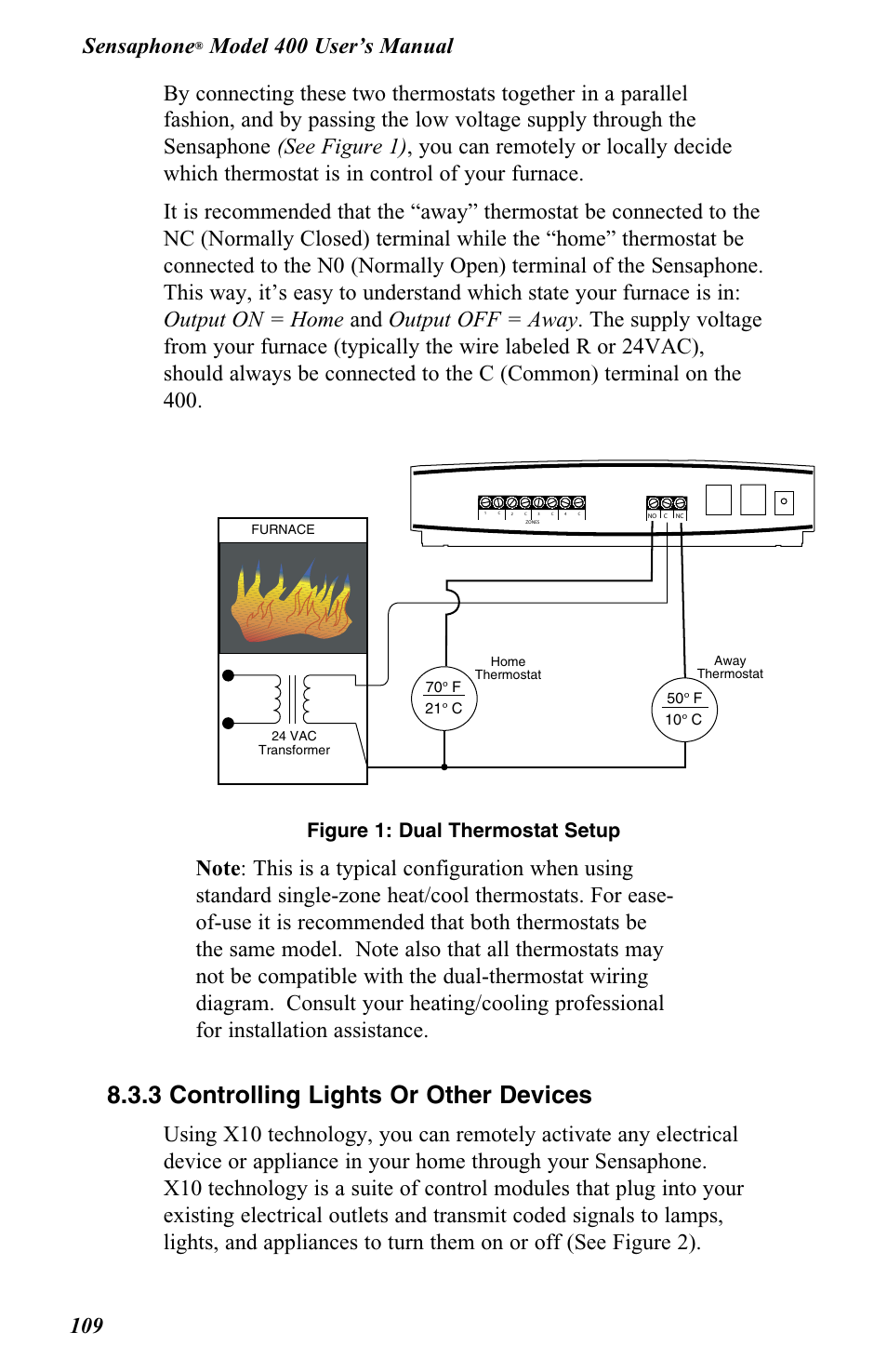 3 controlling lights or other devices, Sensaphone, Figure 1: dual thermostat setup | Vintage Cellars FGD-0400 User Manual | Page 112 / 138