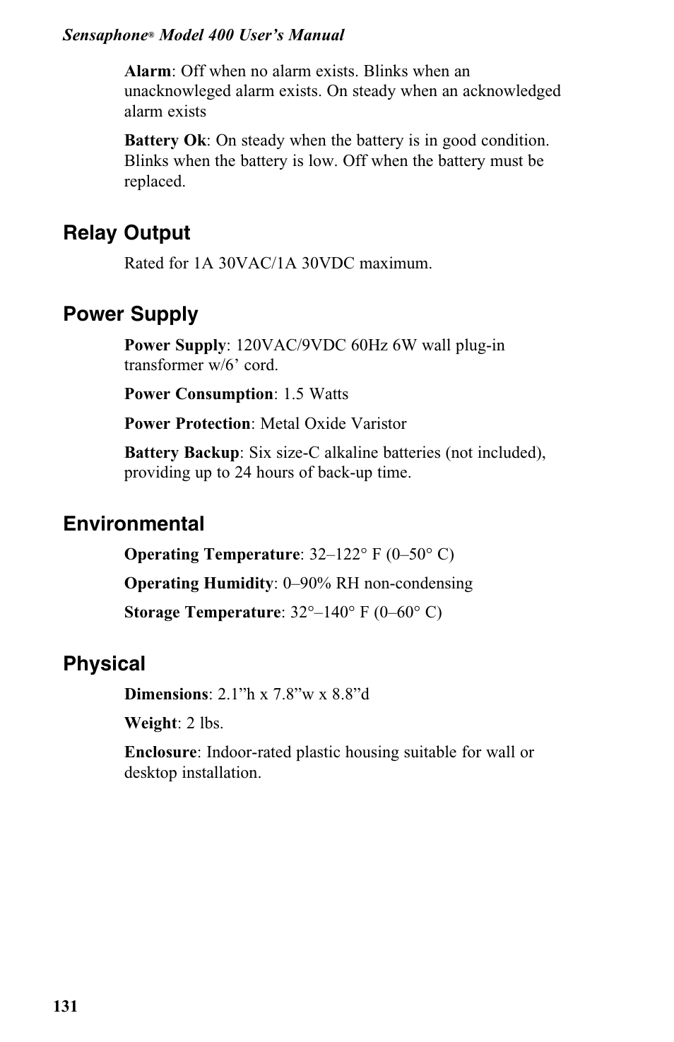Relay output, Power supply, Environmental | Physical | Vintage Cellars FGD-0400 User Manual | Page 134 / 138