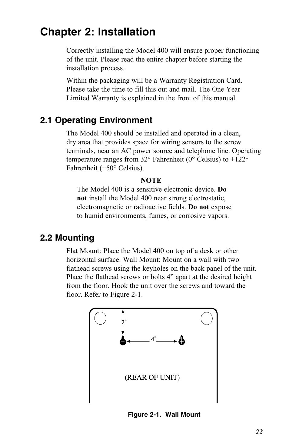 Chapter 2: installation, 1 operating environment, 2 mounting | Vintage Cellars FGD-0400 User Manual | Page 25 / 138