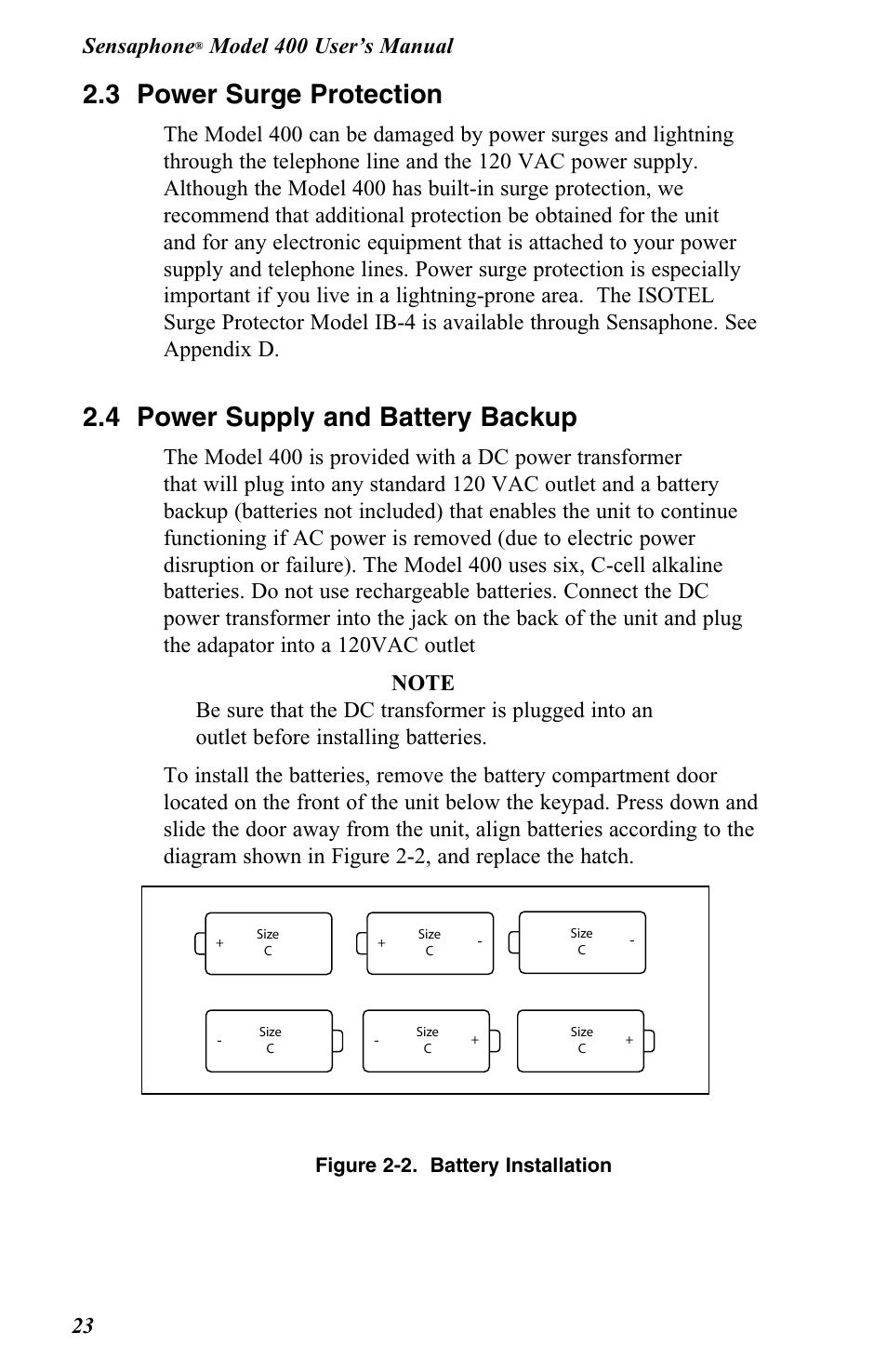3 power surge protection, 4 power supply and battery backup, Sensaphone | Vintage Cellars FGD-0400 User Manual | Page 26 / 138