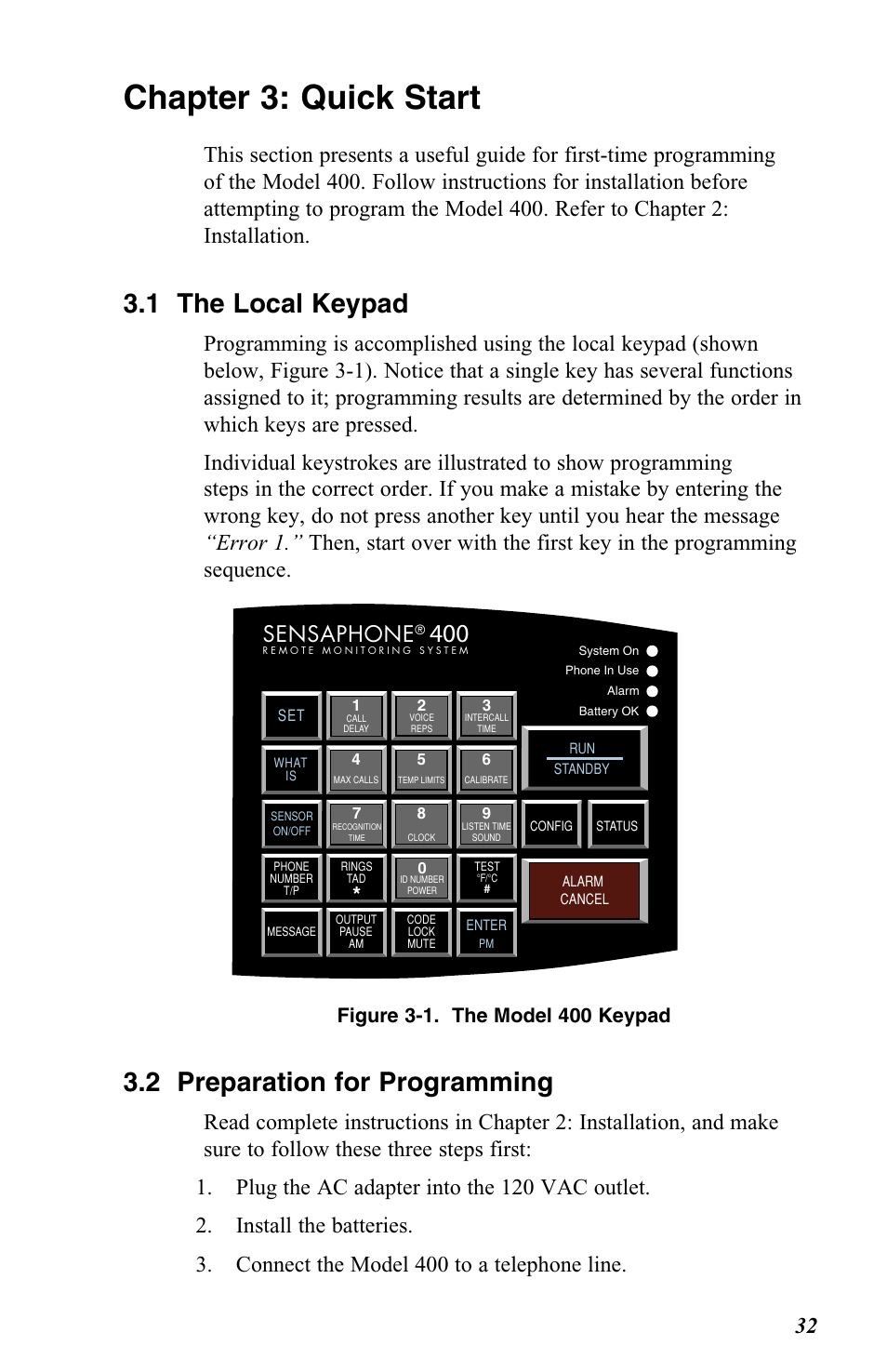 Chapter 3: quick start, 1 the local keypad, 2 preparation for programming | Vintage Cellars FGD-0400 User Manual | Page 35 / 138