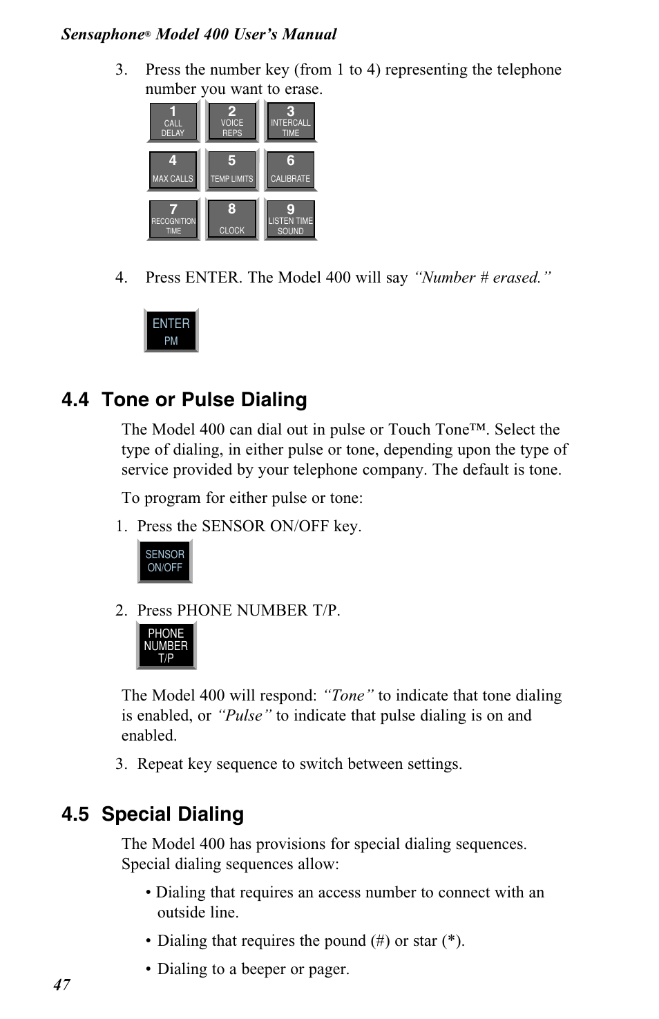 4 tone or pulse dialing, 5 special dialing, Press phone number t/p | Vintage Cellars FGD-0400 User Manual | Page 50 / 138