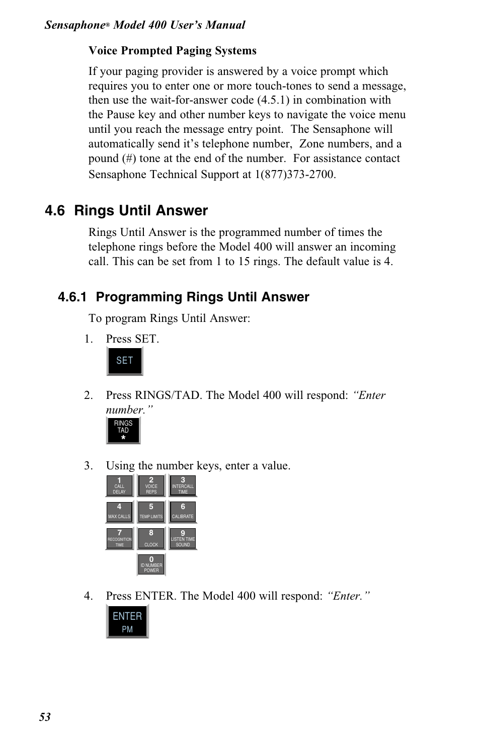 6 rings until answer, 1 programming rings until answer, Using the number keys, enter a value | Press enter. the model 400 will respond: “enter, Sensaphone, Enter | Vintage Cellars FGD-0400 User Manual | Page 56 / 138
