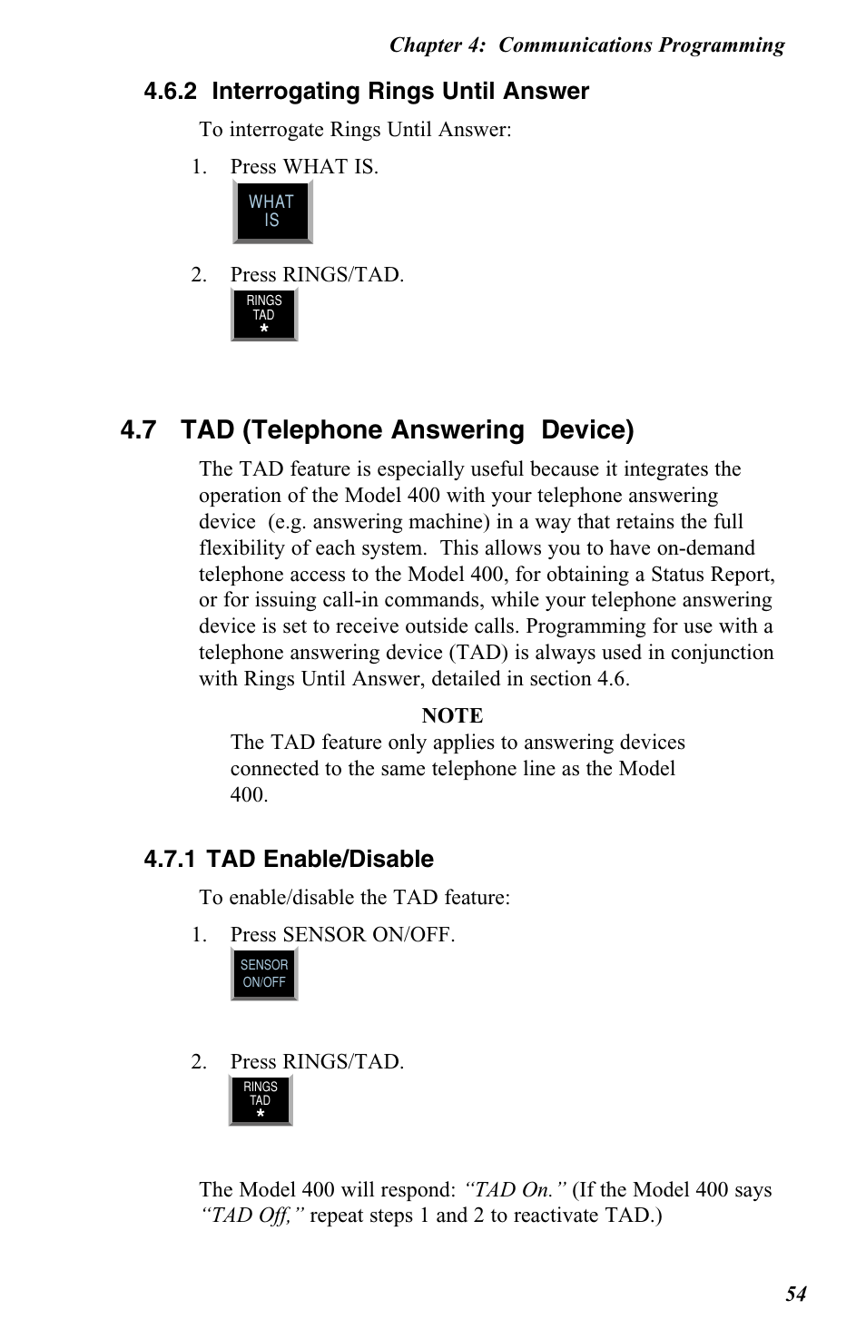 7 tad (telephone answering device), 2 interrogating rings until answer, 1 tad enable/disable | Vintage Cellars FGD-0400 User Manual | Page 57 / 138