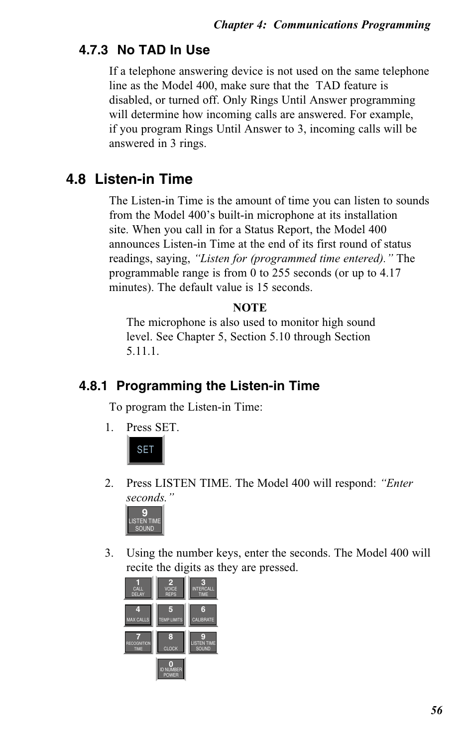 8 listen-in time, 3 no tad in use, 1 programming the listen-in time | Chapter 4: communications programming 56 | Vintage Cellars FGD-0400 User Manual | Page 59 / 138