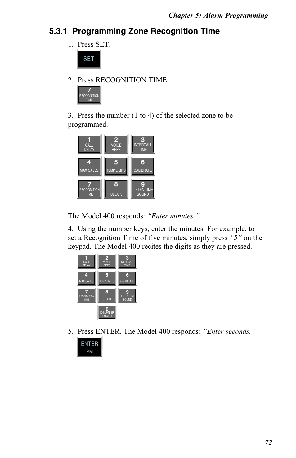 1 programming zone recognition time, Press set, Press recognition time | Chapter 5: alarm programming 72, Enter | Vintage Cellars FGD-0400 User Manual | Page 75 / 138