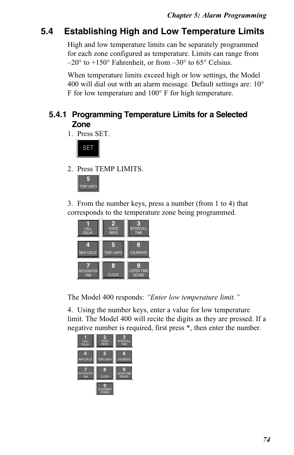 4 establishing high and low temperature limits, Press set, Press temp limits | Chapter 5: alarm programming 74 | Vintage Cellars FGD-0400 User Manual | Page 77 / 138