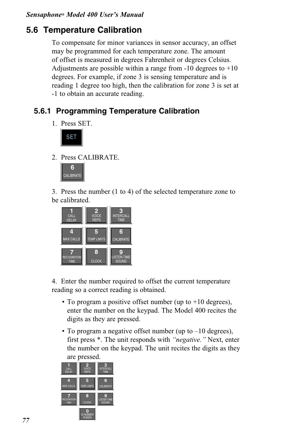6 temperature calibration, 1 programming temperature calibration, Press set | Press calibrate, Sensaphone | Vintage Cellars FGD-0400 User Manual | Page 80 / 138