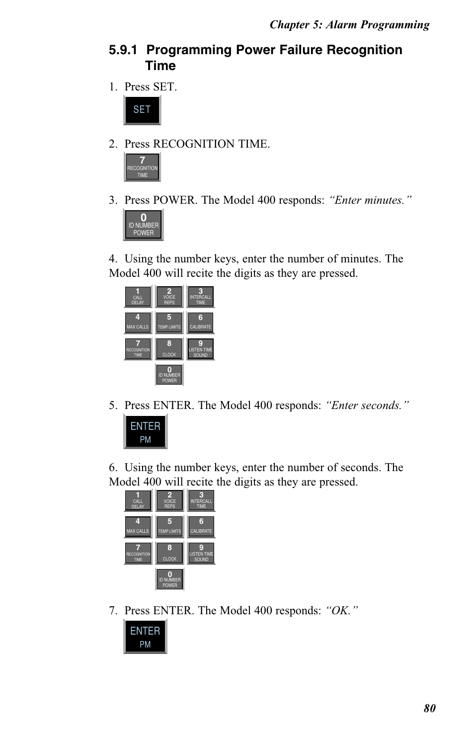 1 programming power failure recognition time, Press set, Press recognition time | Press enter. the model 400 responds: “ok, Chapter 5: alarm programming 80, Enter | Vintage Cellars FGD-0400 User Manual | Page 83 / 138