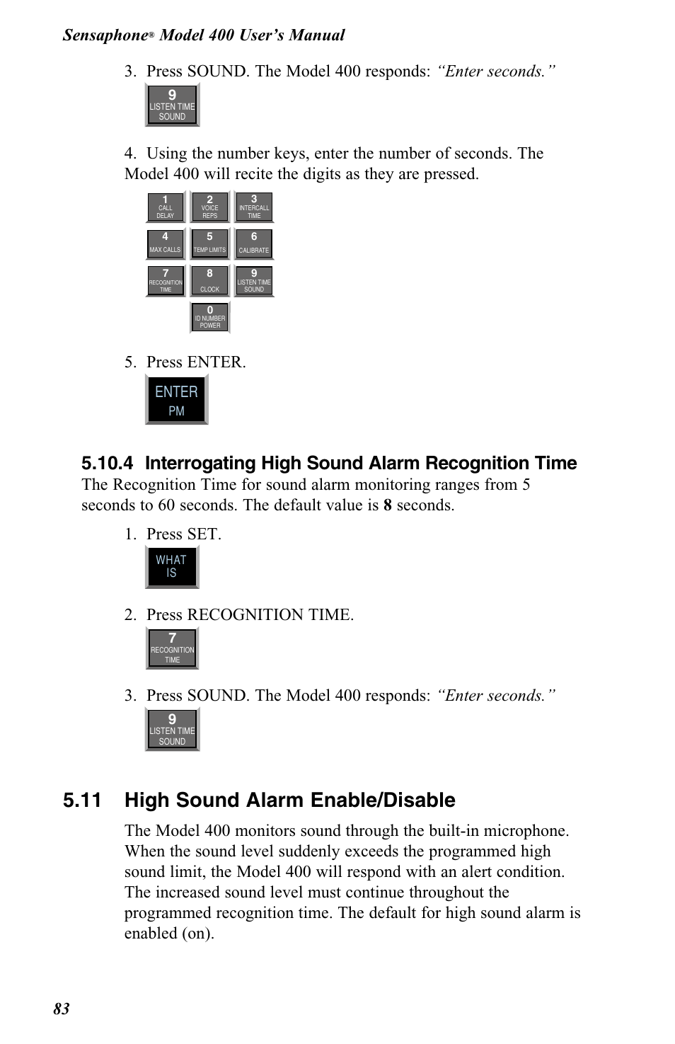 11 high sound alarm enable/disable, 4 interrogating high sound alarm recognition time, Press enter | Press recognition time, Enter | Vintage Cellars FGD-0400 User Manual | Page 86 / 138
