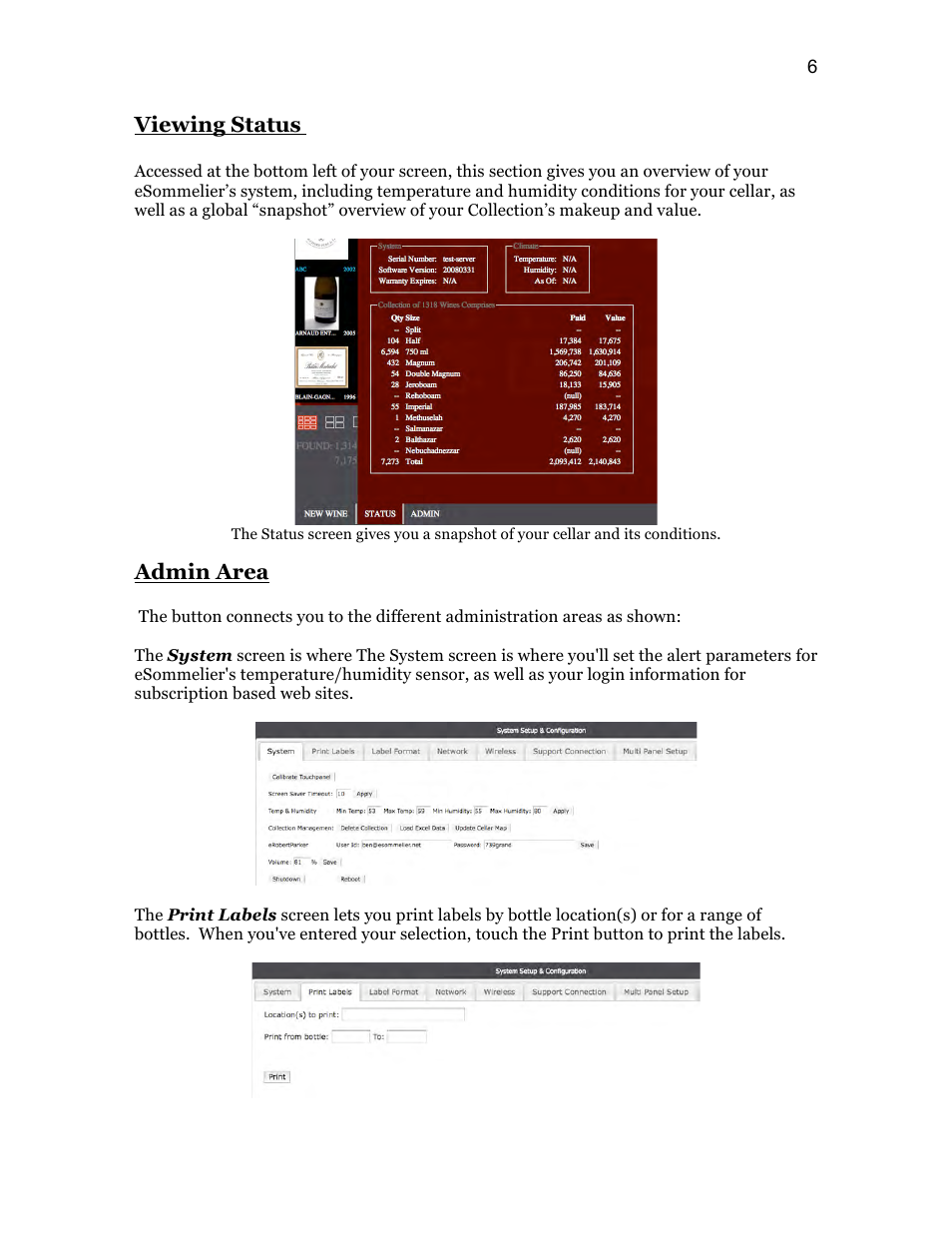 Viewing status, Admin area | Vintage Cellars ESOMM004 User Manual | Page 8 / 24