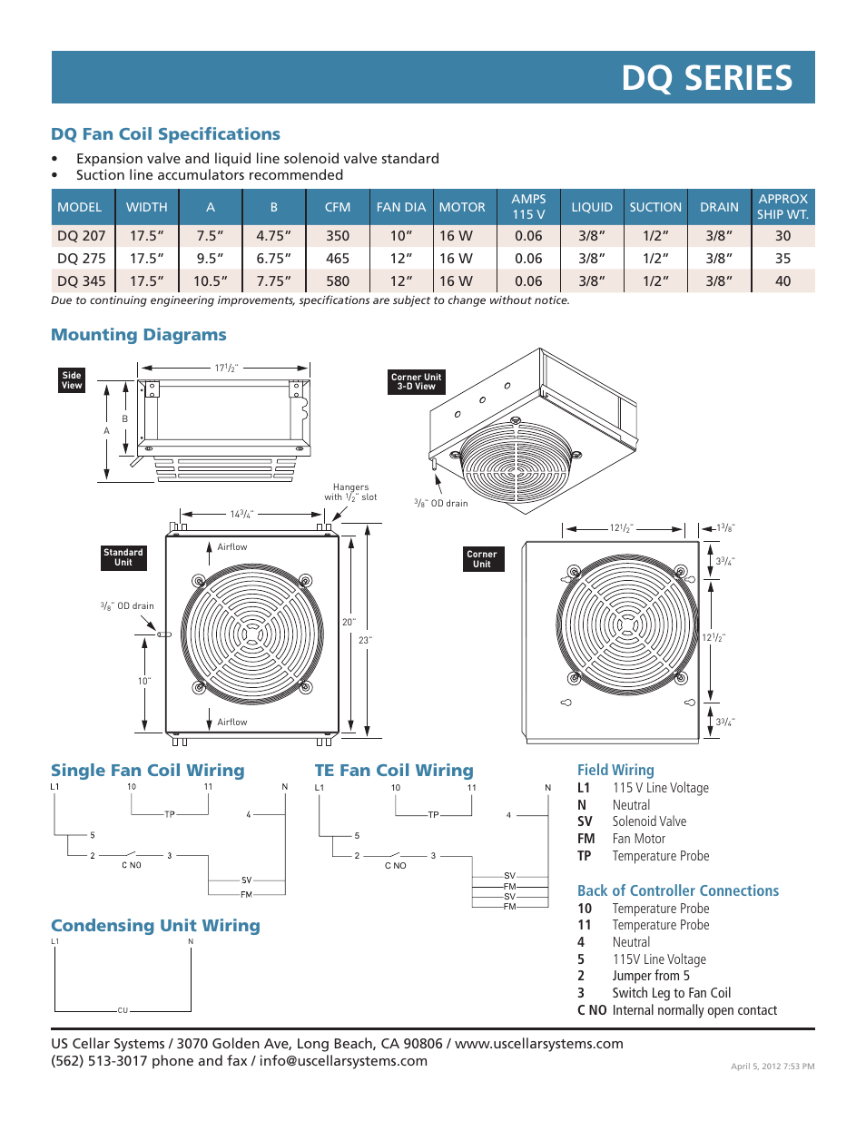 Dq series, Dq fan coil specifications, Condensing unit wiring | Field wiring, Back of controller connections | Vintage Cellars DQ Series Split System User Manual | Page 2 / 4