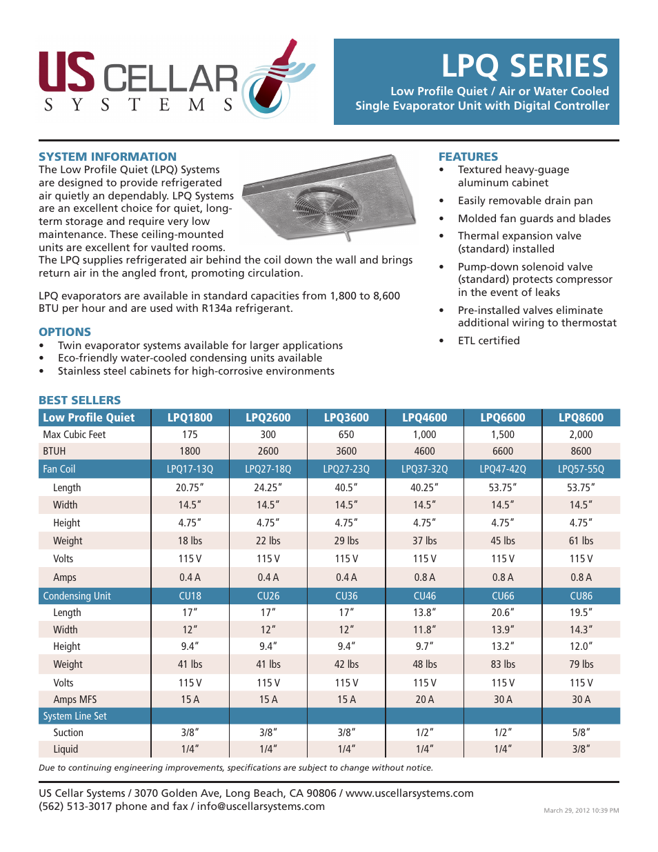 Vintage Cellars LPQ Series Split System User Manual | 3 pages