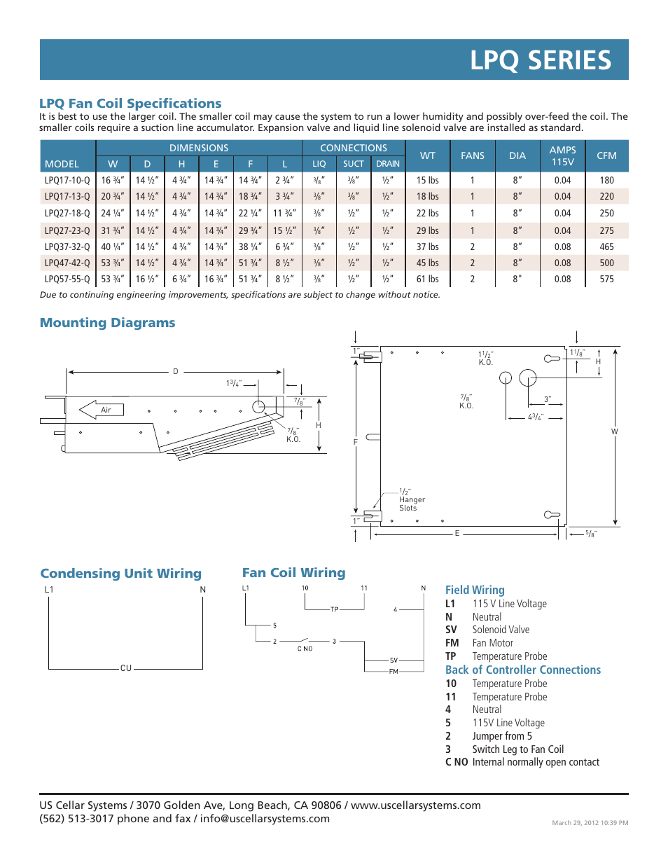 Lpq series, Mounting diagrams lpq fan coil specifications, Fan coil wiring | Condensing unit wiring, Field wiring, Back of controller connections | Vintage Cellars LPQ Series Split System User Manual | Page 2 / 3