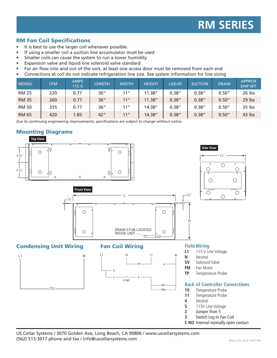 Rm series, Rm fan coil specifications, Fan coil wiring mounting diagrams | Condensing unit wiring | Vintage Cellars RM Series Series Split System User Manual | Page 2 / 3
