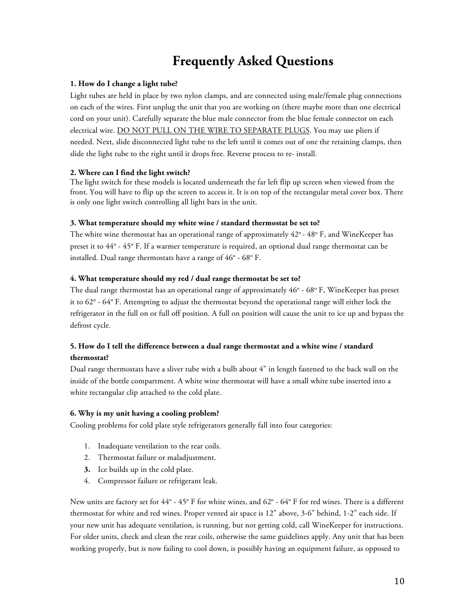 Frequently asked questions | Vintage Cellars Monterey ETL 12-bottle User Manual | Page 10 / 13