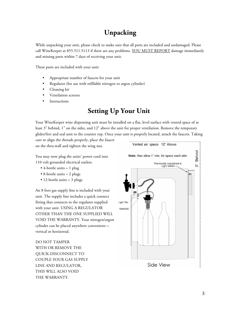 Unpacking, Setting up your unit | Vintage Cellars Monterey ETL 12-bottle User Manual | Page 3 / 13