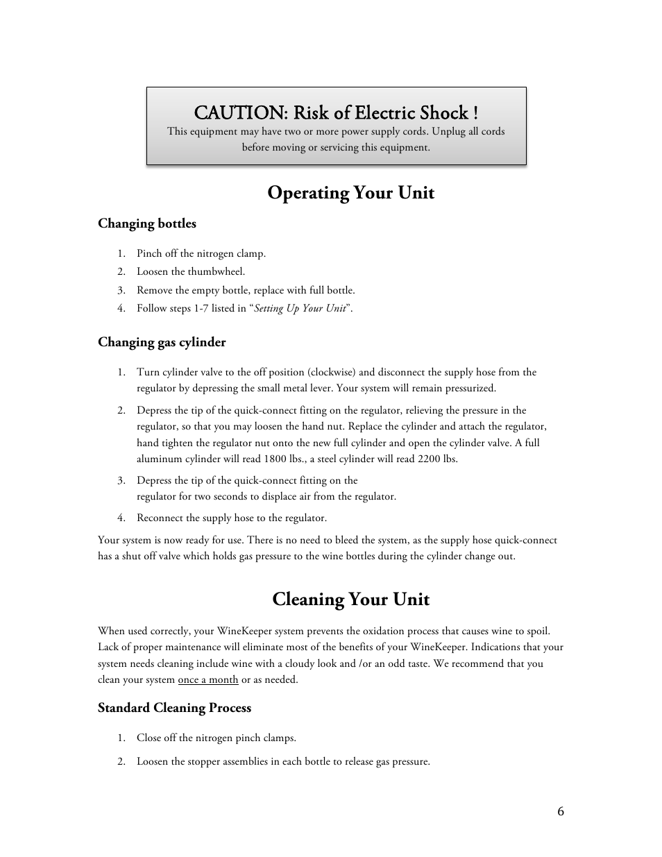 Operating your unit, Cleaning your unit, Caution: risk of electric shock | Vintage Cellars Monterey ETL 12-bottle User Manual | Page 6 / 13