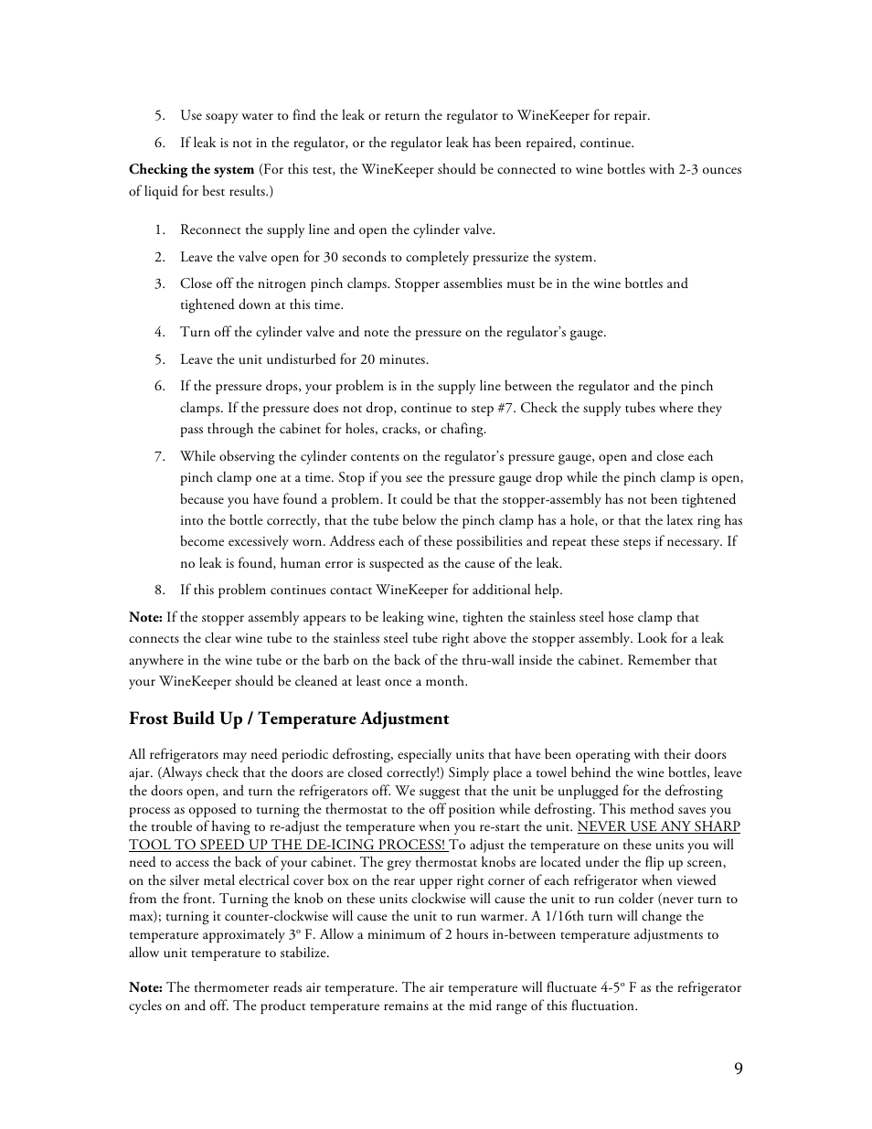 Frost build up / temperature adjustment | Vintage Cellars Monterey ETL 12-bottle User Manual | Page 9 / 13