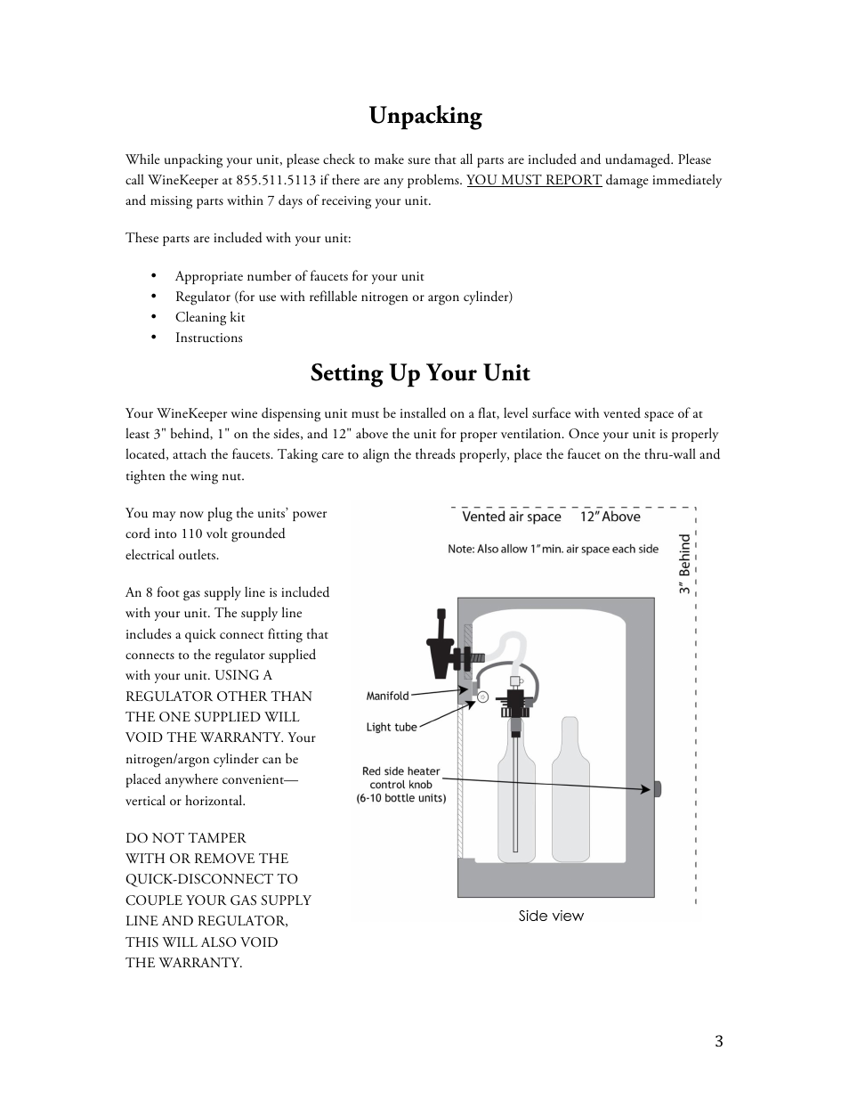 Unpacking, Setting up your unit | Vintage Cellars Magnum 12-Bottle User Manual | Page 3 / 13