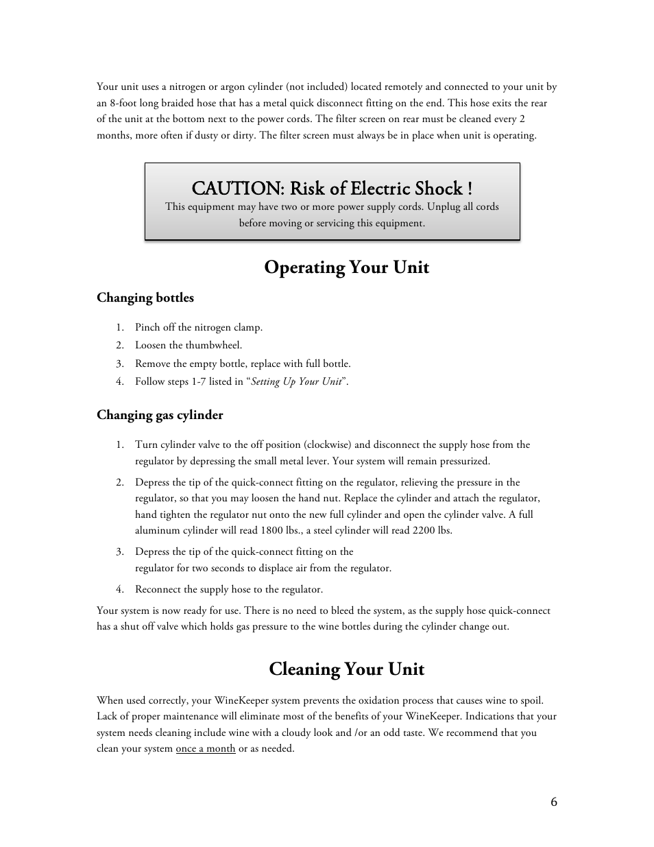 Operating your unit, Cleaning your unit, Caution: risk of electric shock | Vintage Cellars Magnum 12-Bottle User Manual | Page 6 / 13