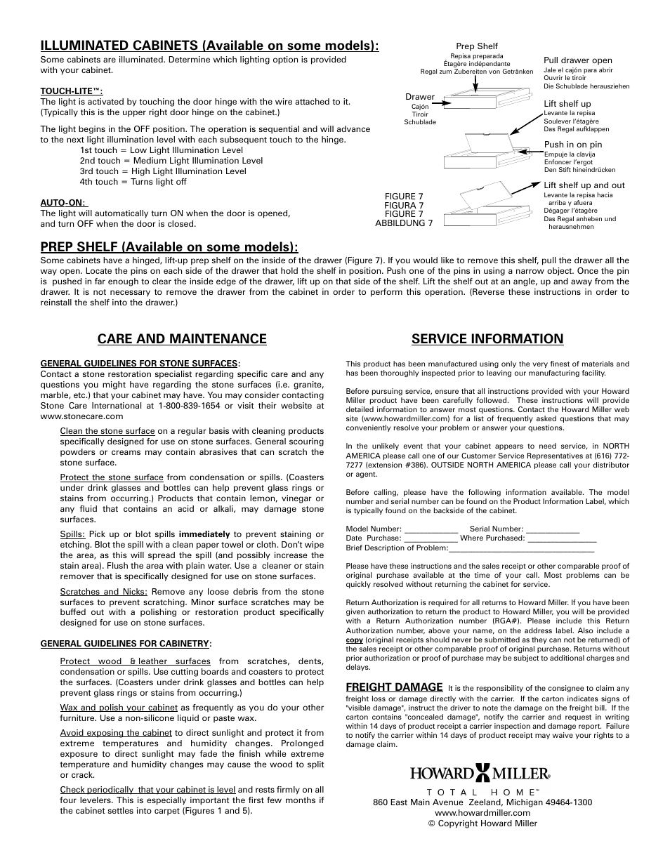 Service information, Illuminated cabinets (available on some models), Prep shelf (available on some models) | Care and maintenance, Freight damage | Vintage Cellars Howard Miller Niagara User Manual | Page 2 / 4