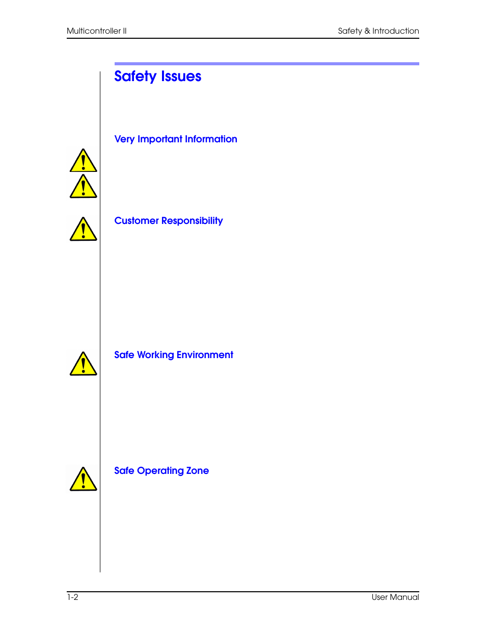 Safety issues, Very important information, Customer responsibility | Safe working environment, Safe operating zone, Safety issues –2 | Vinten Radamec AutoCam Multicontroller II User Manual | Page 12 / 62