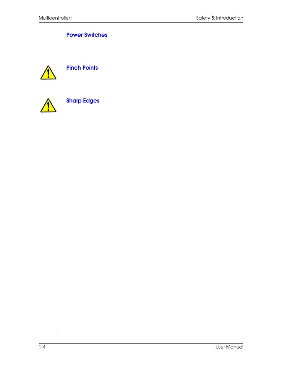 Power switches, Pinch points, Sharp edges | Power switches –4 pinch points –4 sharp edges –4 | Vinten Radamec AutoCam Multicontroller II User Manual | Page 14 / 62