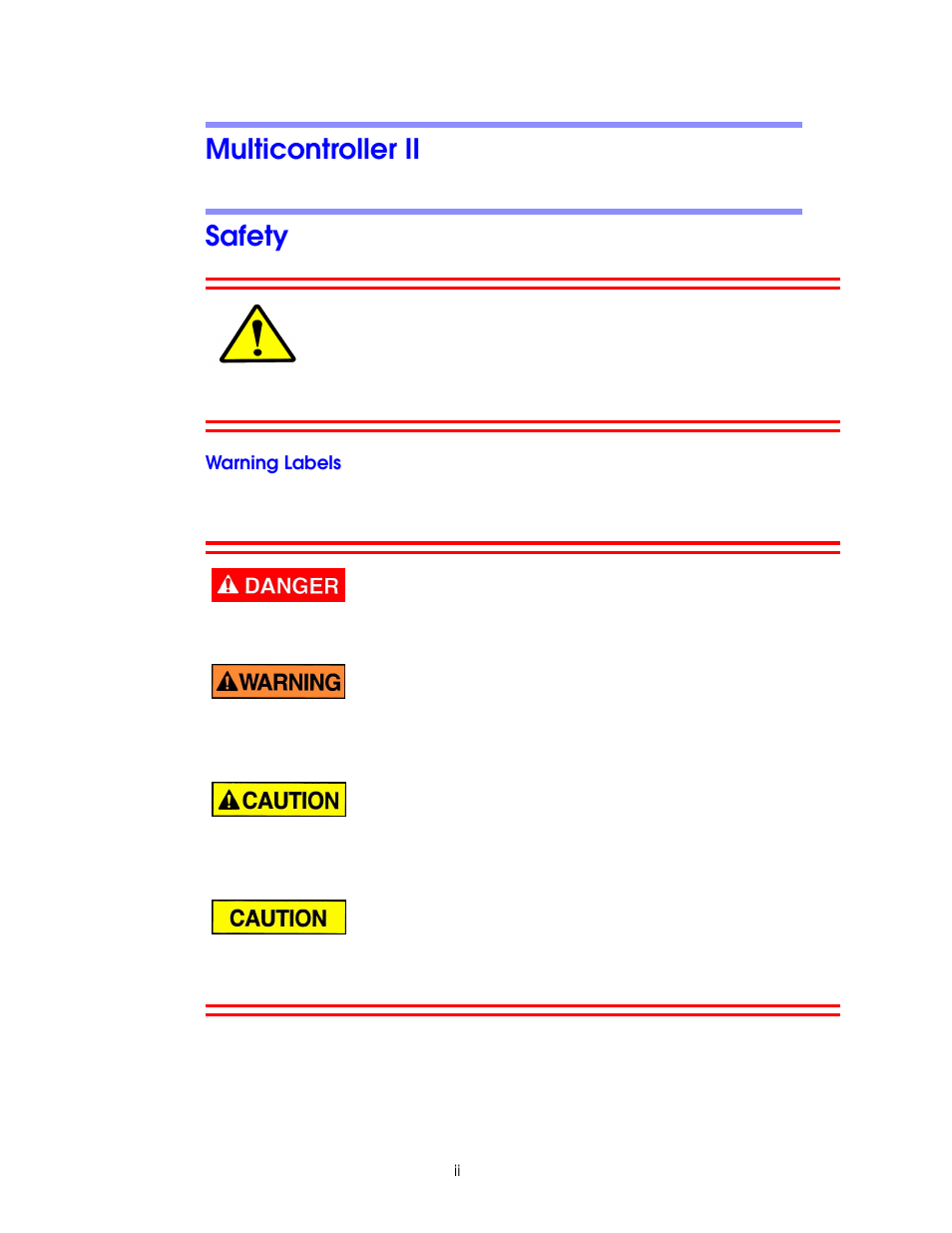 Multicontroller ii, Safety, Warning labels | Multicontroller ii safety | Vinten Radamec AutoCam Multicontroller II User Manual | Page 2 / 62