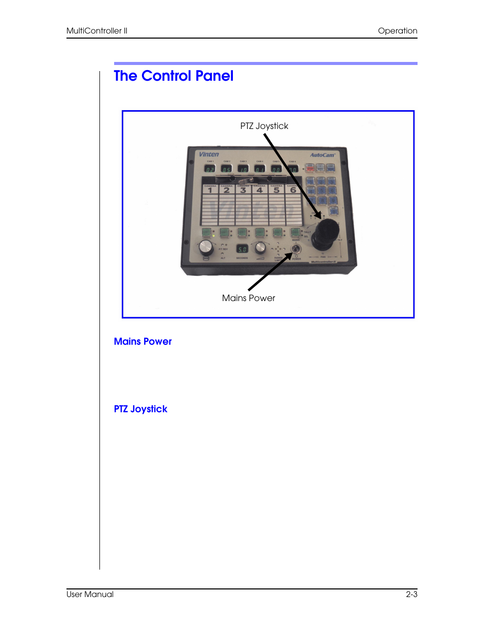 The control panel, Mains power, Ptz joystick | The control panel –3, Mains power –3 ptz joystick –3 | Vinten Radamec AutoCam Multicontroller II User Manual | Page 25 / 62