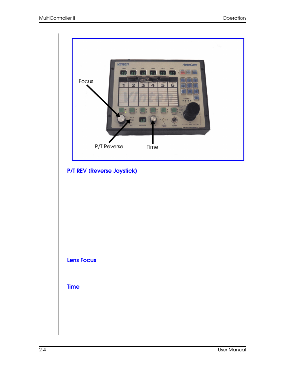 Lens focus, Time, Lens focus –4 time –4 | Vinten Radamec AutoCam Multicontroller II User Manual | Page 26 / 62