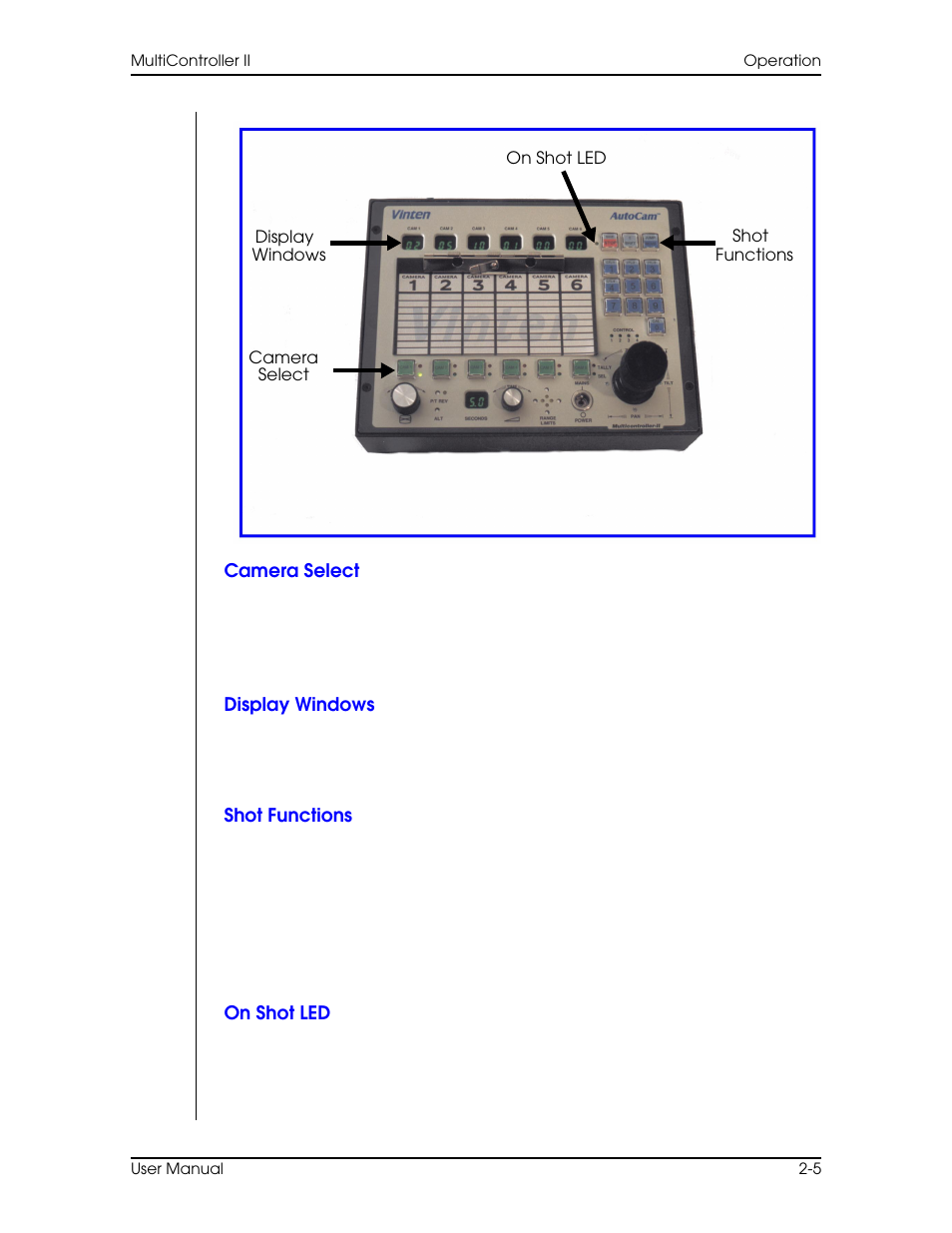 Display windows, Shot functions, On shot led | Display windows –5, Shot functions –5 on shot led –5, Router –10 | Vinten Radamec AutoCam Multicontroller II User Manual | Page 27 / 62