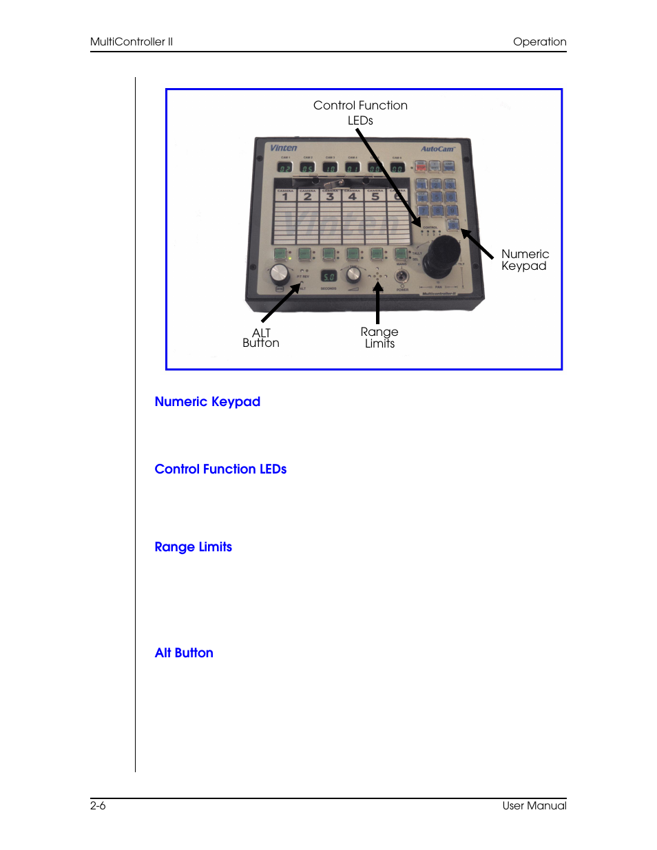 Numeric keypad, Range limits, Alt button | Numeric keypad –6 range limits –6 alt button –6 | Vinten Radamec AutoCam Multicontroller II User Manual | Page 28 / 62